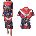 Custom Roosters Rugby ANZAC Couples Matching Puletasi and Hawaiian Shirt Sydney Gallipoli Soldier With Aboriginal Art