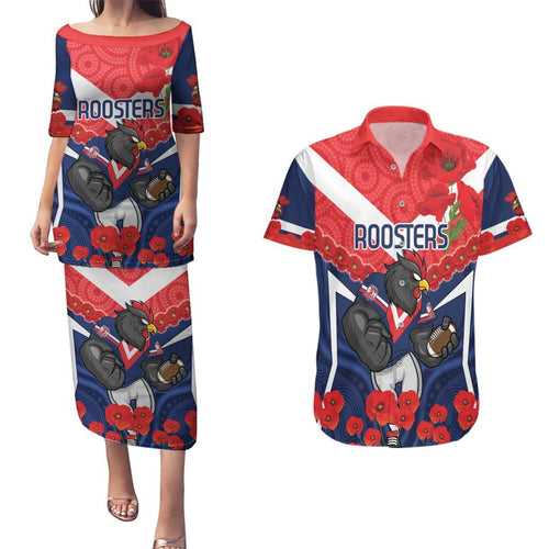 Custom Roosters Rugby ANZAC Couples Matching Puletasi and Hawaiian Shirt Sydney Gallipoli Soldier With Aboriginal Art