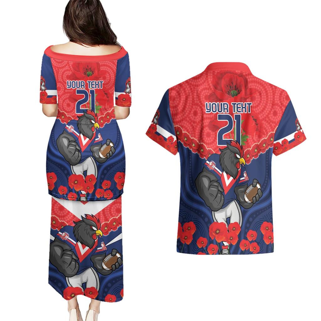 Custom Roosters Rugby ANZAC Couples Matching Puletasi and Hawaiian Shirt Sydney Gallipoli Soldier With Aboriginal Art