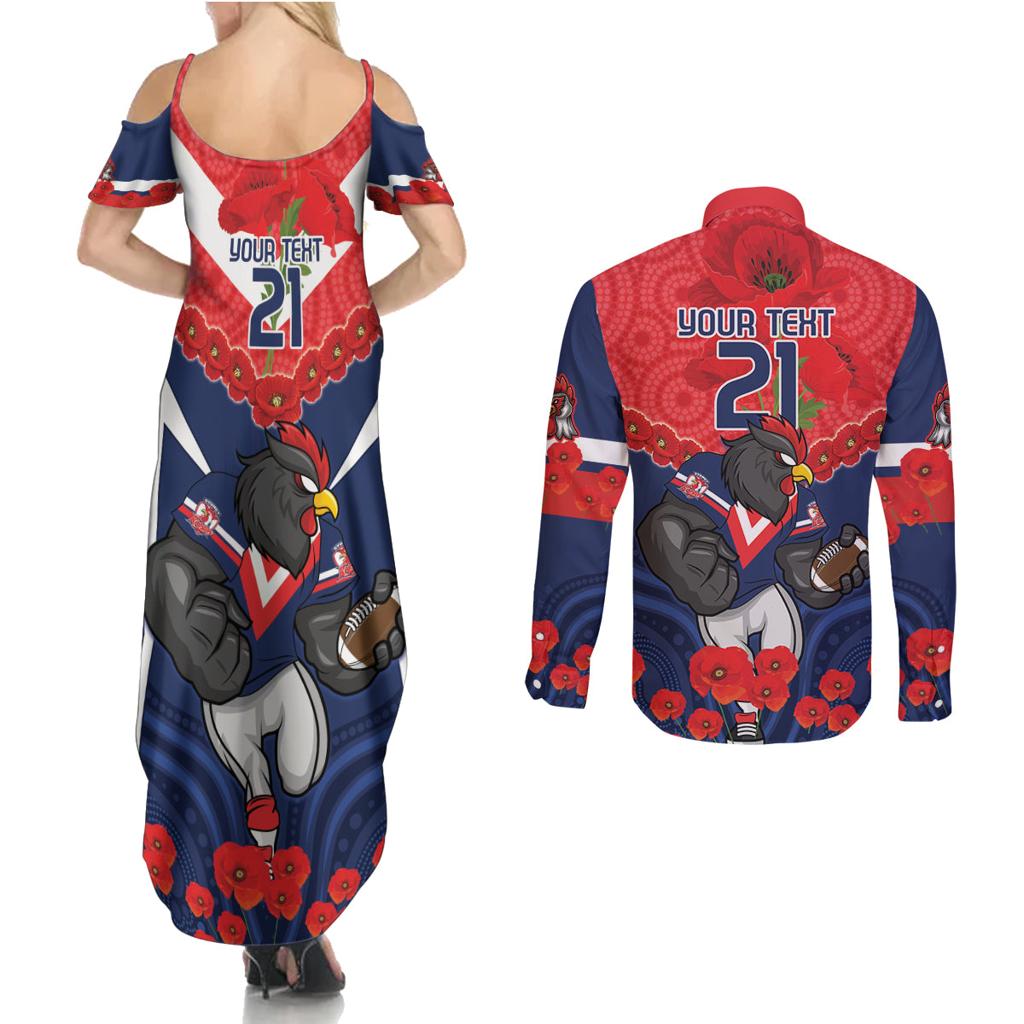 Custom Roosters Rugby ANZAC Couples Matching Summer Maxi Dress and Long Sleeve Button Shirt Sydney Gallipoli Soldier With Aboriginal Art
