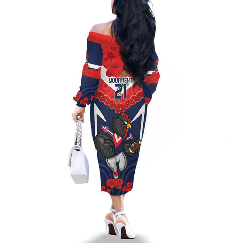 Custom Roosters Rugby ANZAC Family Matching Off The Shoulder Long Sleeve Dress and Hawaiian Shirt Sydney Gallipoli Soldier With Aboriginal Art