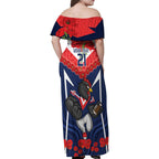 Custom Roosters Rugby ANZAC Family Matching Off Shoulder Maxi Dress and Hawaiian Shirt Sydney Gallipoli Soldier With Aboriginal Art