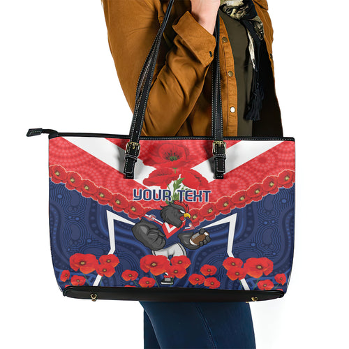 Custom Roosters Rugby ANZAC Leather Tote Bag Sydney Gallipoli Soldier With Aboriginal Art