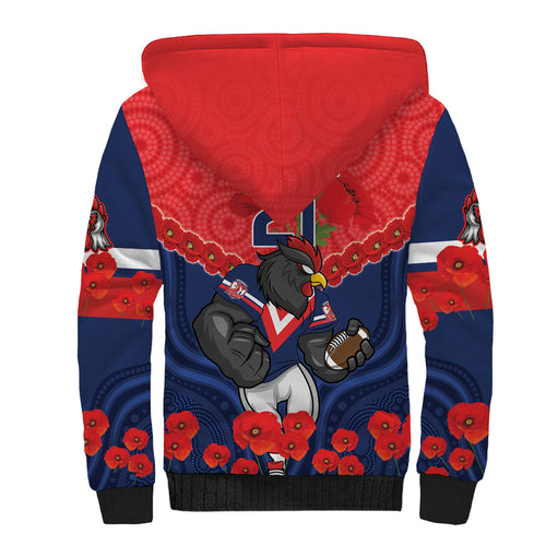 Custom Roosters Rugby ANZAC Sherpa Hoodie Sydney Gallipoli Soldier With Aboriginal Art
