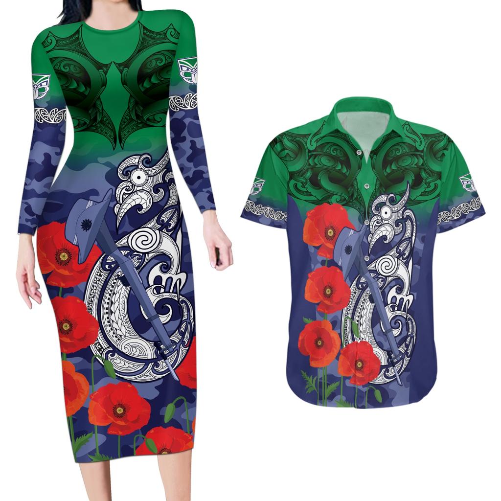 Custom Warriors Rugby ANZAC Couples Matching Long Sleeve Bodycon Dress and Hawaiian Shirt Gallipoli Soldier With Aboriginal Art