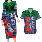 Custom Warriors Rugby ANZAC Couples Matching Long Sleeve Bodycon Dress and Hawaiian Shirt Gallipoli Soldier With Aboriginal Art