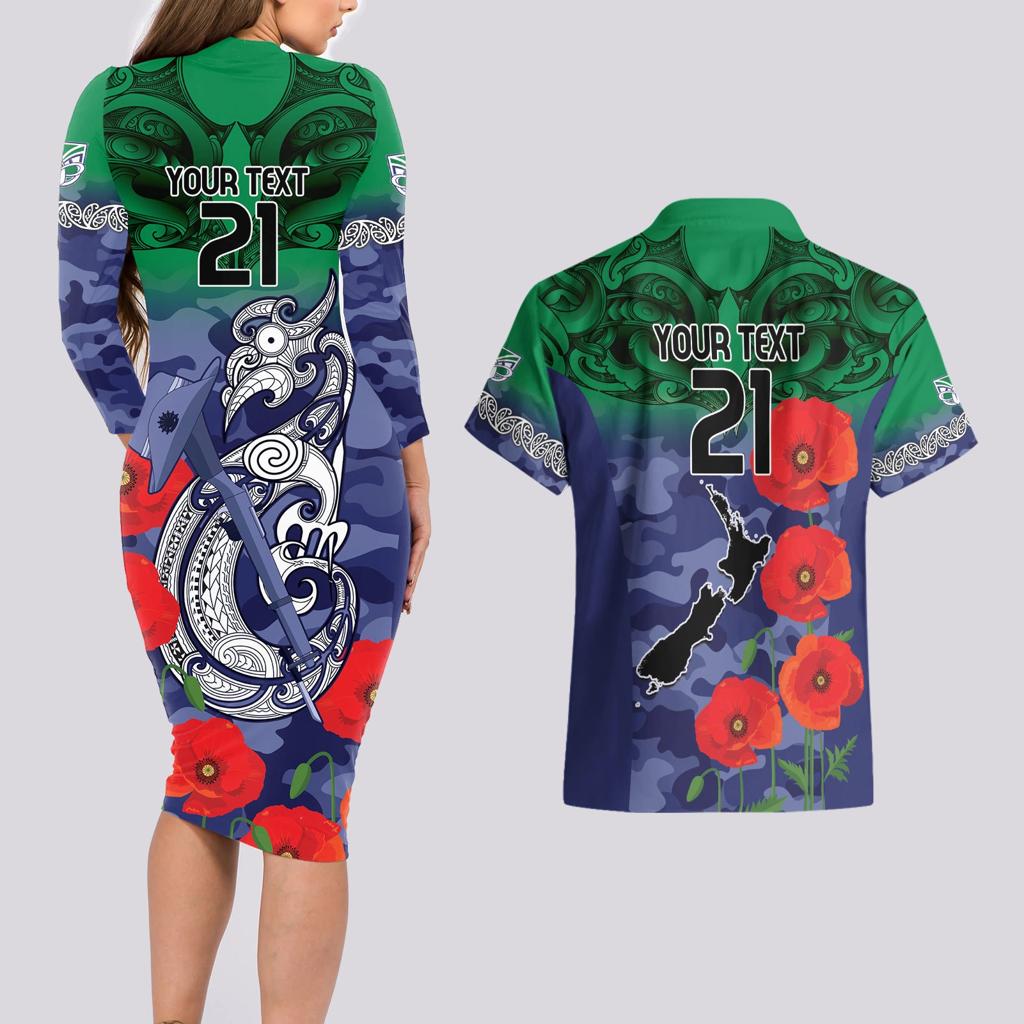 Custom Warriors Rugby ANZAC Couples Matching Long Sleeve Bodycon Dress and Hawaiian Shirt Gallipoli Soldier With Aboriginal Art