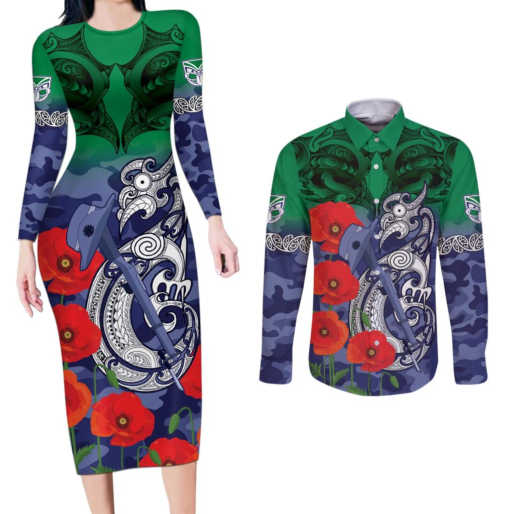 Custom Warriors Rugby ANZAC Couples Matching Long Sleeve Bodycon Dress and Long Sleeve Button Shirt Gallipoli Soldier With Aboriginal Art