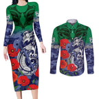 Custom Warriors Rugby ANZAC Couples Matching Long Sleeve Bodycon Dress and Long Sleeve Button Shirt Gallipoli Soldier With Aboriginal Art