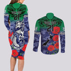 Custom Warriors Rugby ANZAC Couples Matching Long Sleeve Bodycon Dress and Long Sleeve Button Shirt Gallipoli Soldier With Aboriginal Art