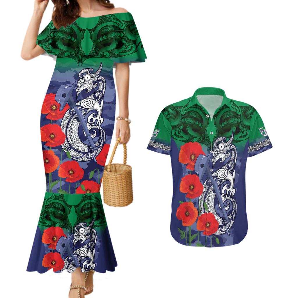 Custom Warriors Rugby ANZAC Couples Matching Mermaid Dress and Hawaiian Shirt Gallipoli Soldier With Aboriginal Art