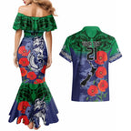 Custom Warriors Rugby ANZAC Couples Matching Mermaid Dress and Hawaiian Shirt Gallipoli Soldier With Aboriginal Art
