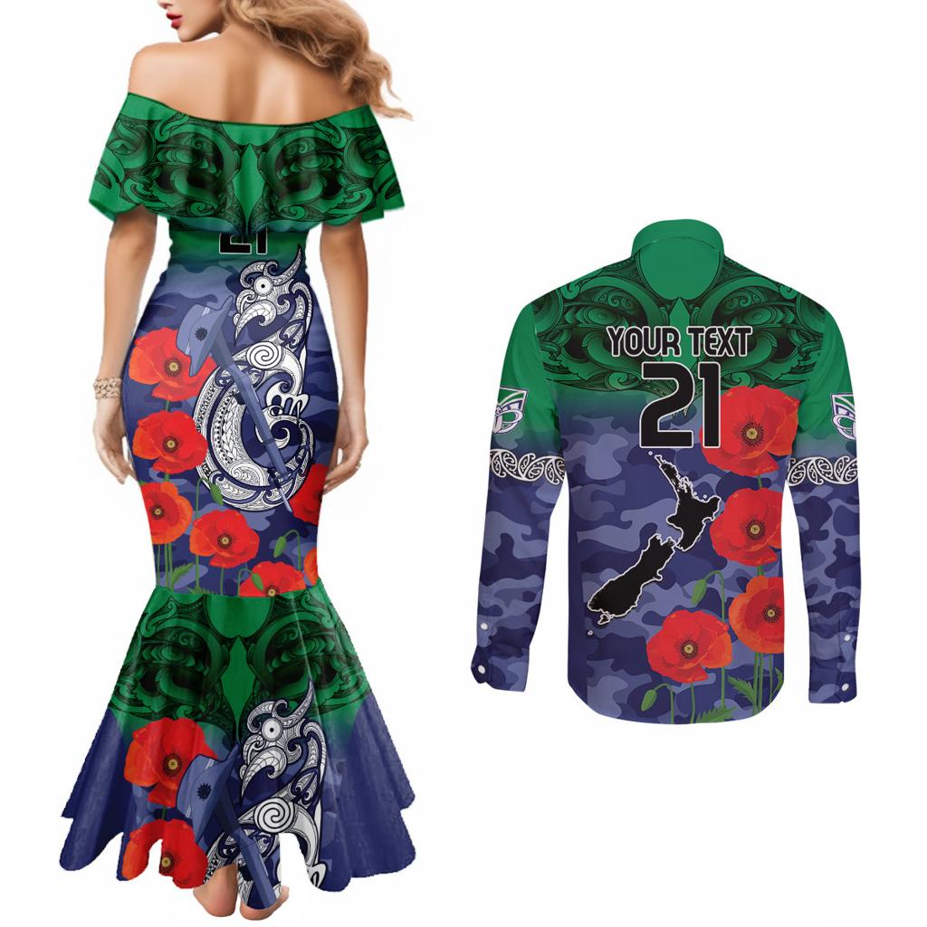 Custom Warriors Rugby ANZAC Couples Matching Mermaid Dress and Long Sleeve Button Shirt Gallipoli Soldier With Aboriginal Art