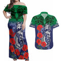 Custom Warriors Rugby ANZAC Couples Matching Off Shoulder Maxi Dress and Hawaiian Shirt Gallipoli Soldier With Aboriginal Art