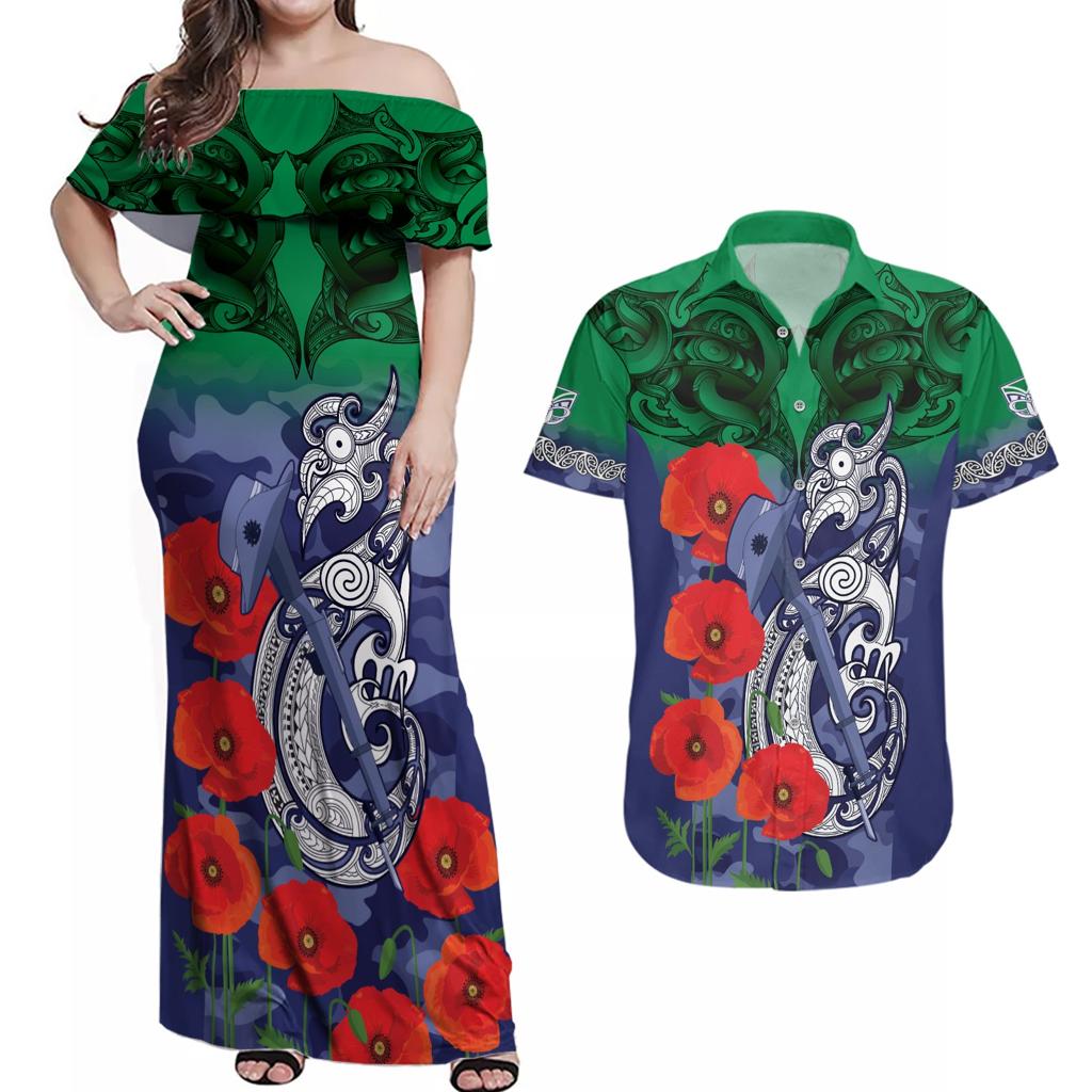 Custom Warriors Rugby ANZAC Couples Matching Off Shoulder Maxi Dress and Hawaiian Shirt Gallipoli Soldier With Aboriginal Art