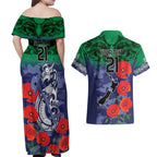 Custom Warriors Rugby ANZAC Couples Matching Off Shoulder Maxi Dress and Hawaiian Shirt Gallipoli Soldier With Aboriginal Art