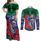 Custom Warriors Rugby ANZAC Couples Matching Off Shoulder Maxi Dress and Long Sleeve Button Shirt Gallipoli Soldier With Aboriginal Art