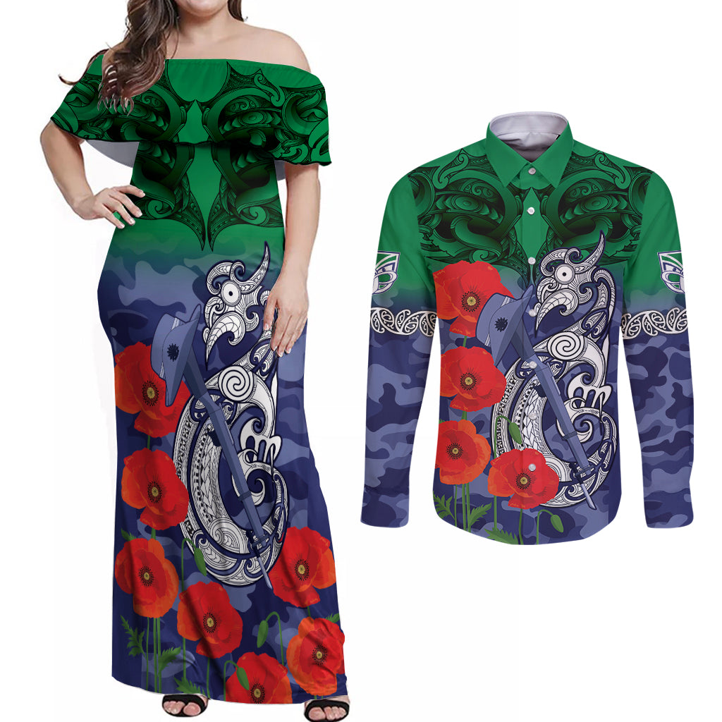 Custom Warriors Rugby ANZAC Couples Matching Off Shoulder Maxi Dress and Long Sleeve Button Shirt Gallipoli Soldier With Aboriginal Art