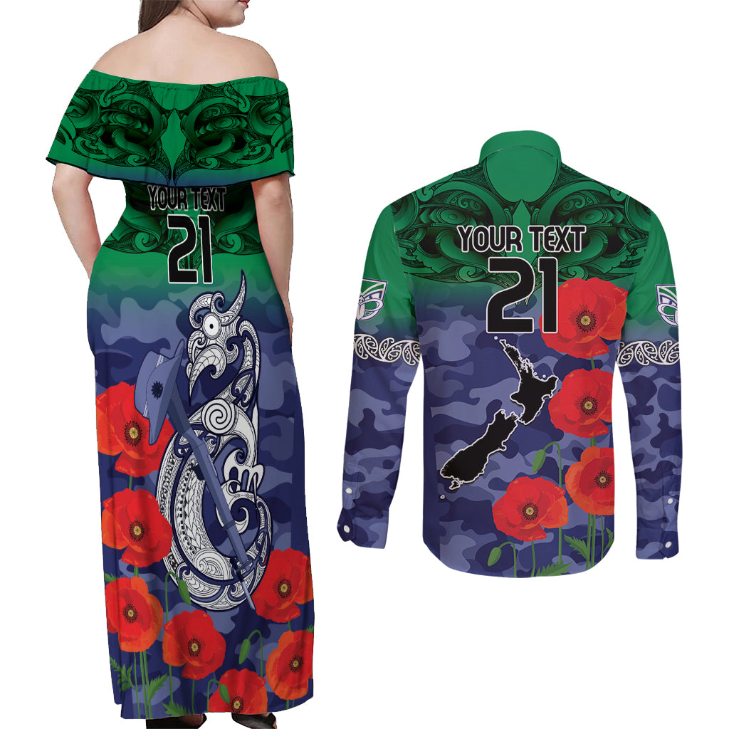 Custom Warriors Rugby ANZAC Couples Matching Off Shoulder Maxi Dress and Long Sleeve Button Shirt Gallipoli Soldier With Aboriginal Art