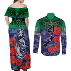 Custom Warriors Rugby ANZAC Couples Matching Off Shoulder Maxi Dress and Long Sleeve Button Shirt Gallipoli Soldier With Aboriginal Art