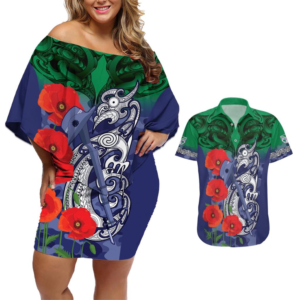 Custom Warriors Rugby ANZAC Couples Matching Off Shoulder Short Dress and Hawaiian Shirt Gallipoli Soldier With Aboriginal Art
