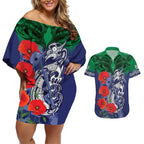 Custom Warriors Rugby ANZAC Couples Matching Off Shoulder Short Dress and Hawaiian Shirt Gallipoli Soldier With Aboriginal Art