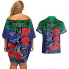 Custom Warriors Rugby ANZAC Couples Matching Off Shoulder Short Dress and Hawaiian Shirt Gallipoli Soldier With Aboriginal Art