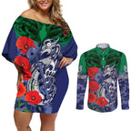 Custom Warriors Rugby ANZAC Couples Matching Off Shoulder Short Dress and Long Sleeve Button Shirt Gallipoli Soldier With Aboriginal Art