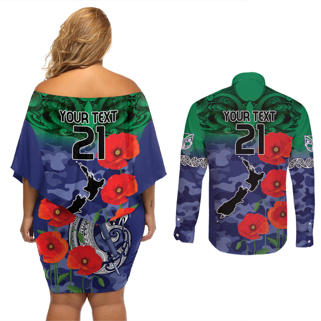 Custom Warriors Rugby ANZAC Couples Matching Off Shoulder Short Dress and Long Sleeve Button Shirt Gallipoli Soldier With Aboriginal Art