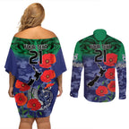 Custom Warriors Rugby ANZAC Couples Matching Off Shoulder Short Dress and Long Sleeve Button Shirt Gallipoli Soldier With Aboriginal Art