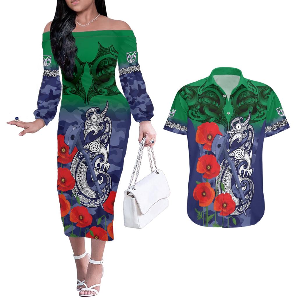 Custom Warriors Rugby ANZAC Couples Matching Off The Shoulder Long Sleeve Dress and Hawaiian Shirt Gallipoli Soldier With Aboriginal Art