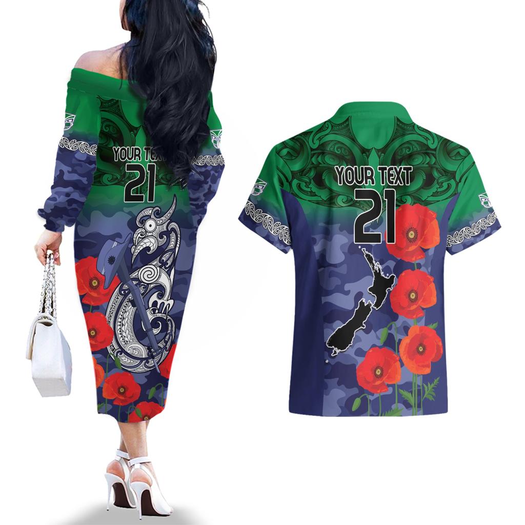 Custom Warriors Rugby ANZAC Couples Matching Off The Shoulder Long Sleeve Dress and Hawaiian Shirt Gallipoli Soldier With Aboriginal Art