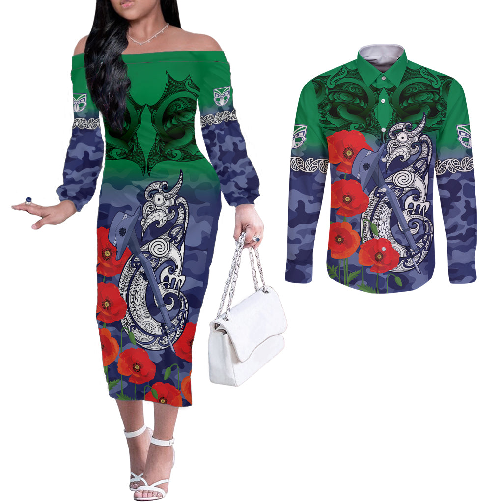 Custom Warriors Rugby ANZAC Couples Matching Off The Shoulder Long Sleeve Dress and Long Sleeve Button Shirt Gallipoli Soldier With Aboriginal Art