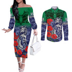 Custom Warriors Rugby ANZAC Couples Matching Off The Shoulder Long Sleeve Dress and Long Sleeve Button Shirt Gallipoli Soldier With Aboriginal Art