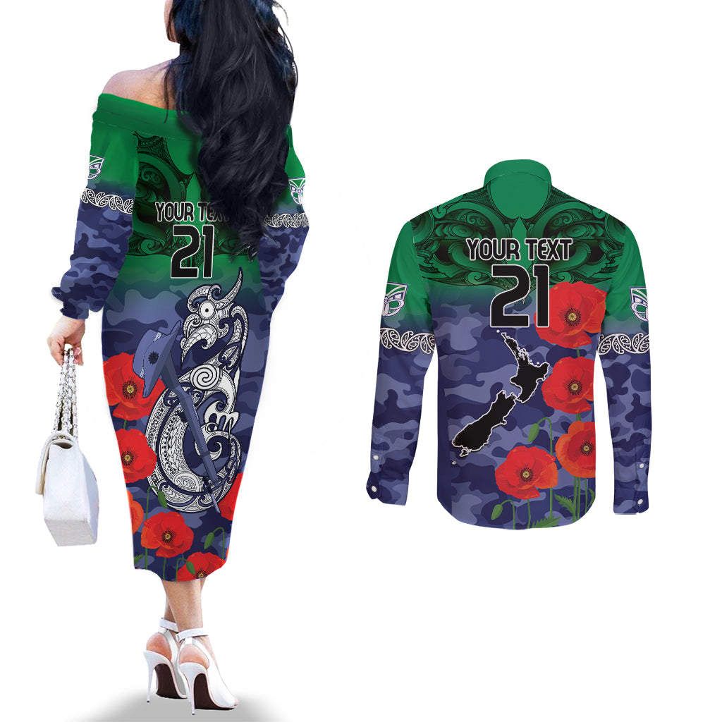 Custom Warriors Rugby ANZAC Couples Matching Off The Shoulder Long Sleeve Dress and Long Sleeve Button Shirt Gallipoli Soldier With Aboriginal Art