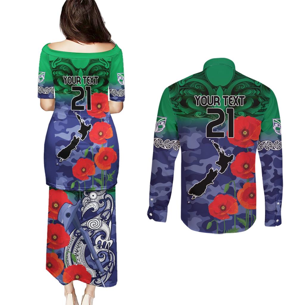 Custom Warriors Rugby ANZAC Couples Matching Puletasi and Long Sleeve Button Shirt Gallipoli Soldier With Aboriginal Art
