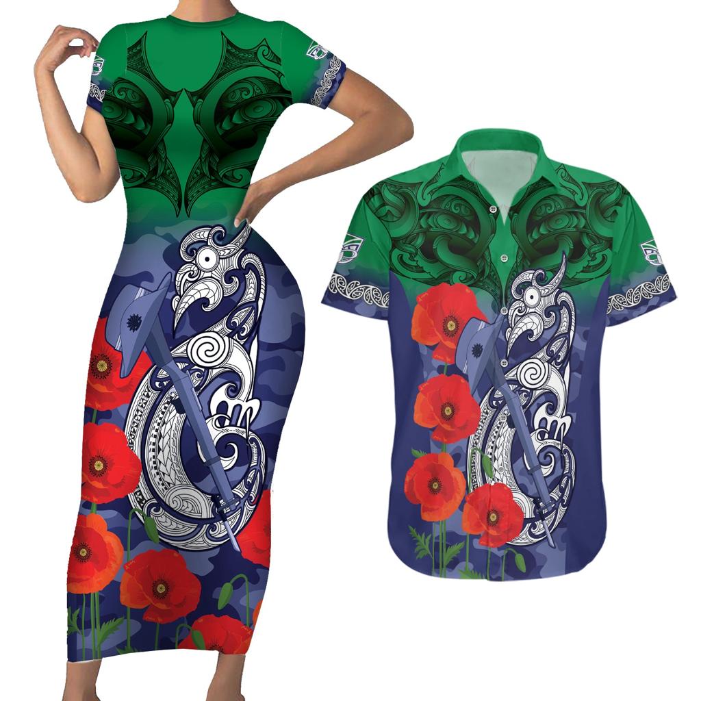 Custom Warriors Rugby ANZAC Couples Matching Short Sleeve Bodycon Dress and Hawaiian Shirt Gallipoli Soldier With Aboriginal Art