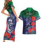 Custom Warriors Rugby ANZAC Couples Matching Short Sleeve Bodycon Dress and Hawaiian Shirt Gallipoli Soldier With Aboriginal Art