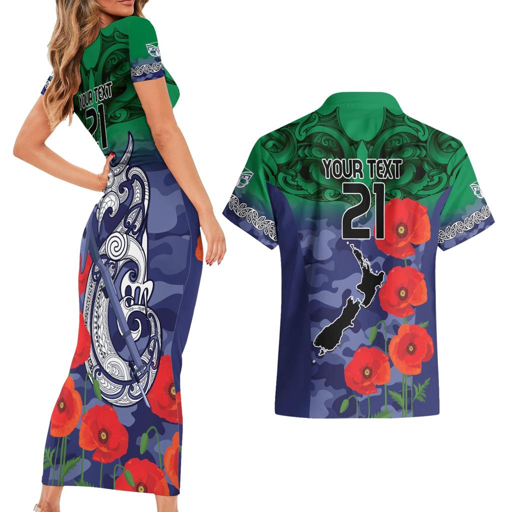 Custom Warriors Rugby ANZAC Couples Matching Short Sleeve Bodycon Dress and Hawaiian Shirt Gallipoli Soldier With Aboriginal Art