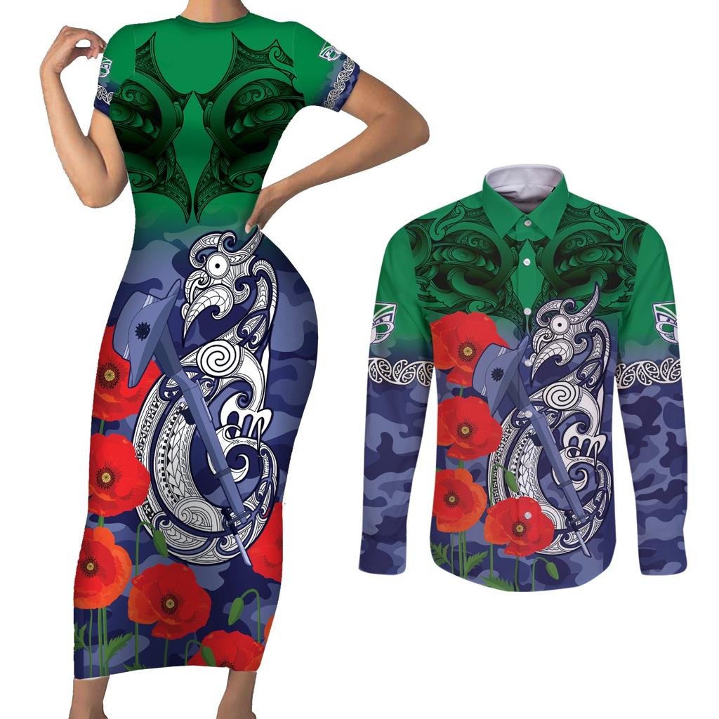Custom Warriors Rugby ANZAC Couples Matching Short Sleeve Bodycon Dress and Long Sleeve Button Shirt Gallipoli Soldier With Aboriginal Art