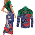 Custom Warriors Rugby ANZAC Couples Matching Short Sleeve Bodycon Dress and Long Sleeve Button Shirt Gallipoli Soldier With Aboriginal Art