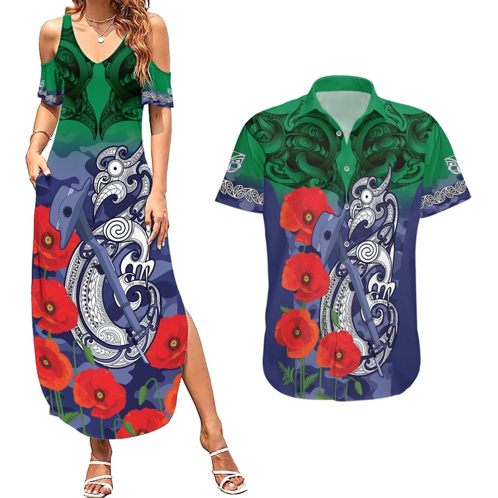 Custom Warriors Rugby ANZAC Couples Matching Summer Maxi Dress and Hawaiian Shirt Gallipoli Soldier With Aboriginal Art