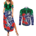 Custom Warriors Rugby ANZAC Couples Matching Summer Maxi Dress and Long Sleeve Button Shirt Gallipoli Soldier With Aboriginal Art