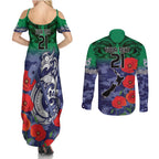 Custom Warriors Rugby ANZAC Couples Matching Summer Maxi Dress and Long Sleeve Button Shirt Gallipoli Soldier With Aboriginal Art