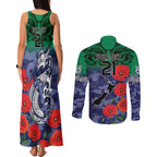 Custom Warriors Rugby ANZAC Couples Matching Tank Maxi Dress and Long Sleeve Button Shirt Gallipoli Soldier With Aboriginal Art
