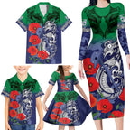 Custom Warriors Rugby ANZAC Family Matching Long Sleeve Bodycon Dress and Hawaiian Shirt Gallipoli Soldier With Aboriginal Art