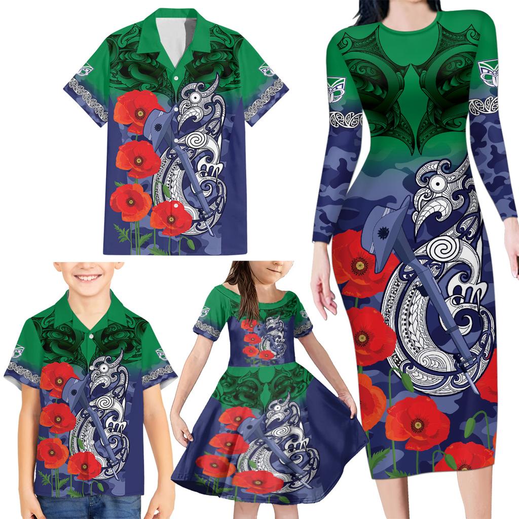 Custom Warriors Rugby ANZAC Family Matching Long Sleeve Bodycon Dress and Hawaiian Shirt Gallipoli Soldier With Aboriginal Art