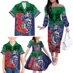 Custom Warriors Rugby ANZAC Family Matching Off The Shoulder Long Sleeve Dress and Hawaiian Shirt Gallipoli Soldier With Aboriginal Art