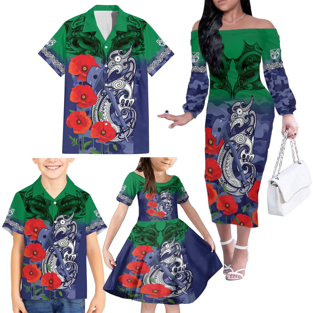 Custom Warriors Rugby ANZAC Family Matching Off The Shoulder Long Sleeve Dress and Hawaiian Shirt Gallipoli Soldier With Aboriginal Art