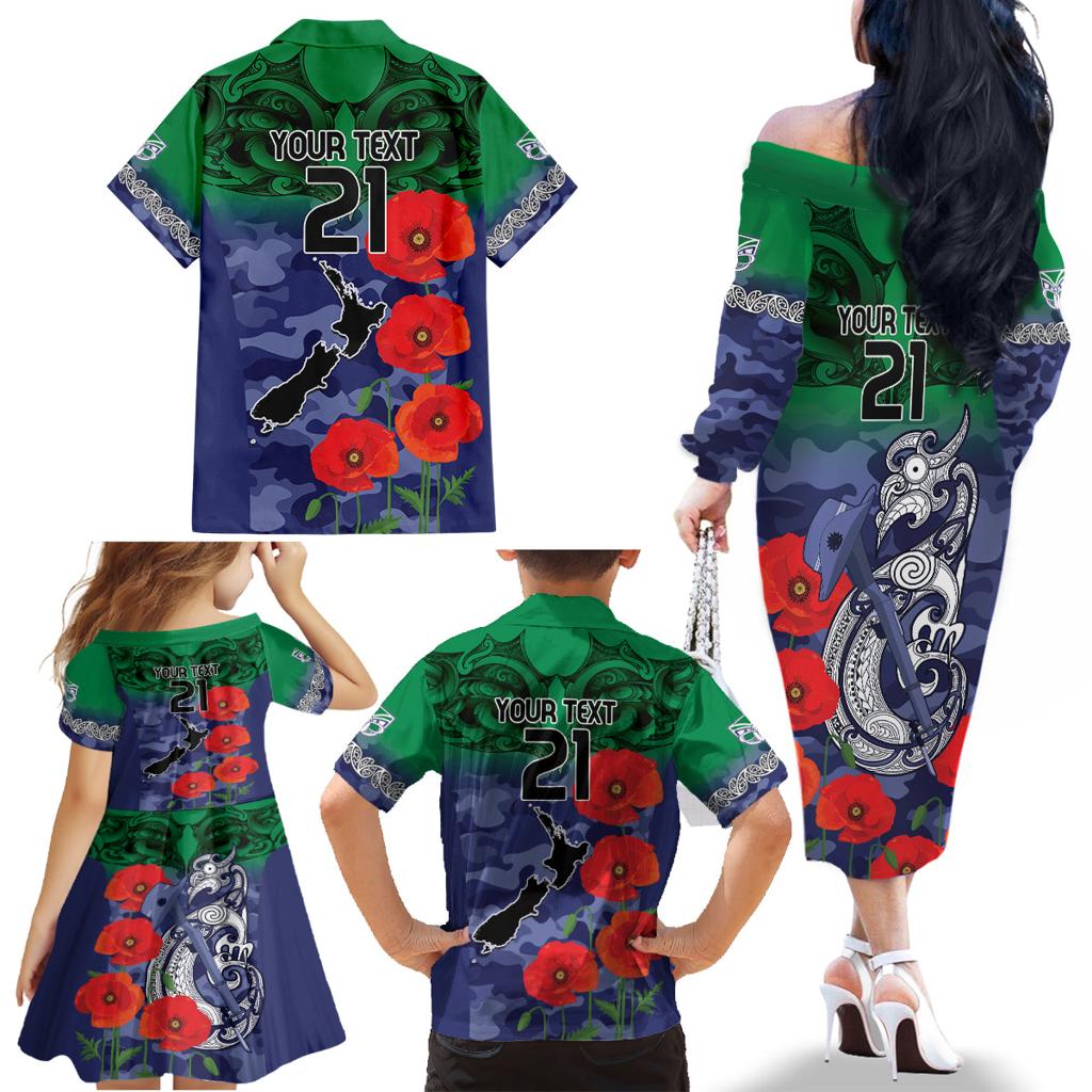Custom Warriors Rugby ANZAC Family Matching Off The Shoulder Long Sleeve Dress and Hawaiian Shirt Gallipoli Soldier With Aboriginal Art